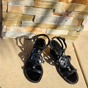 Tory Burch Miller logo, black leather wedge heel sandals, size 8